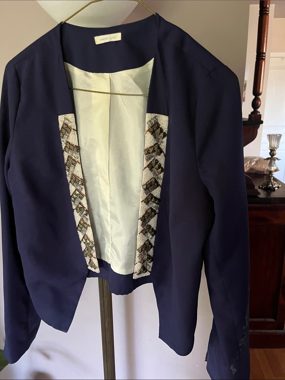 Boho-Military Navy Blazer with Geometric Beaded Lapels and Statement Cuffs